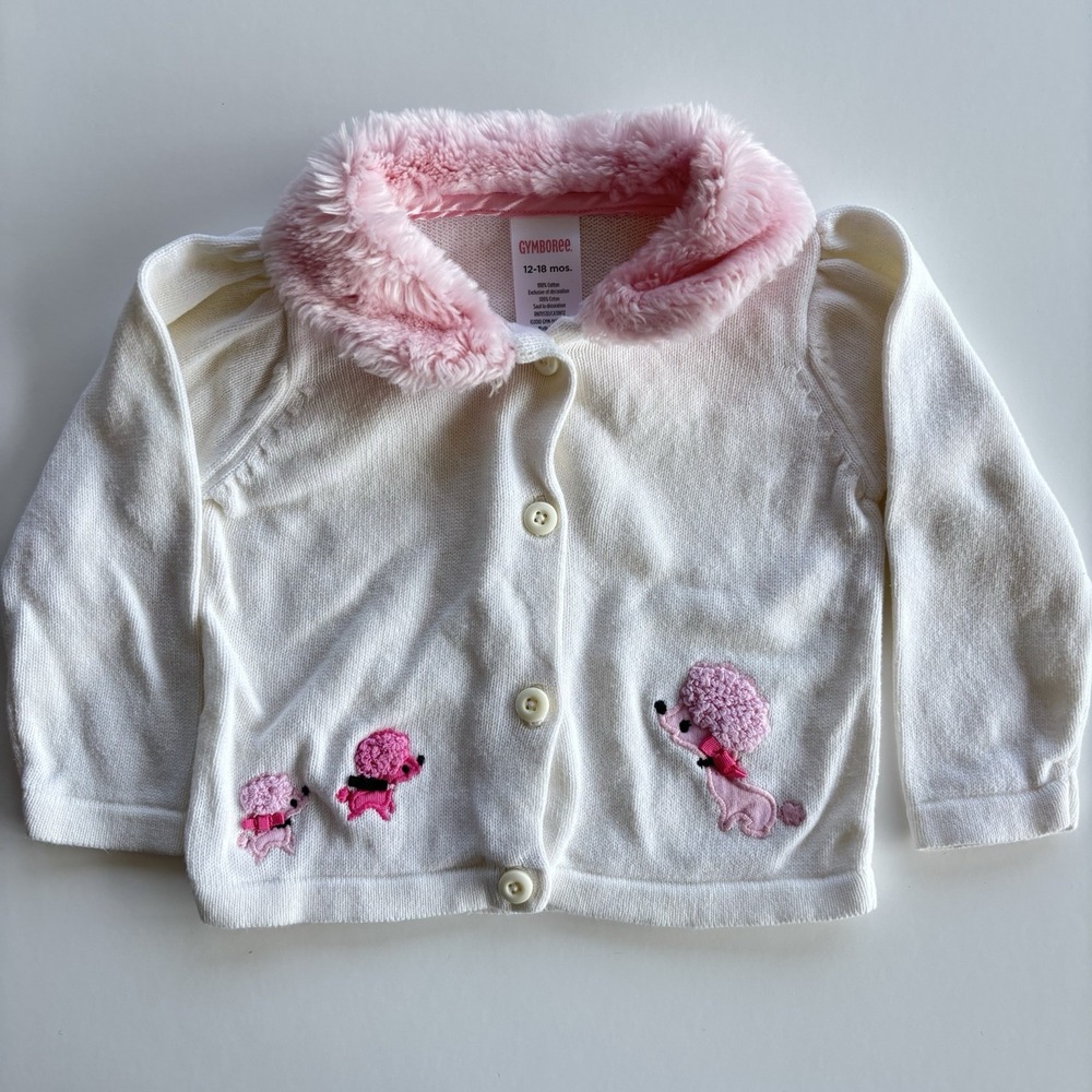 Gymboree Y2K Poodle Cardigan Sweater Girls 12-18 Months Ivory Pink Plush‎ Collar